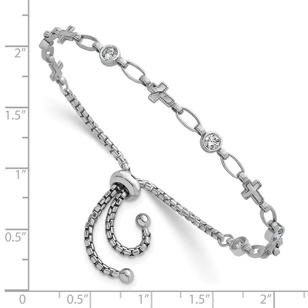 Sterling Silver Rhodium-plated Polished Round CZ and Cross Adjustable Bolo Bracelet QG6803