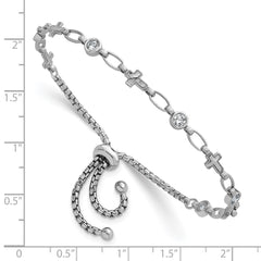 Sterling Silver Rhodium-plated Polished Round CZ and Cross Adjustable Bolo Bracelet QG6803