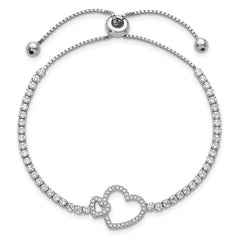 Sterling Silver Rhodium-plated Polished CZ Two Hearts Adjustable Bolo Bracelet QG6804