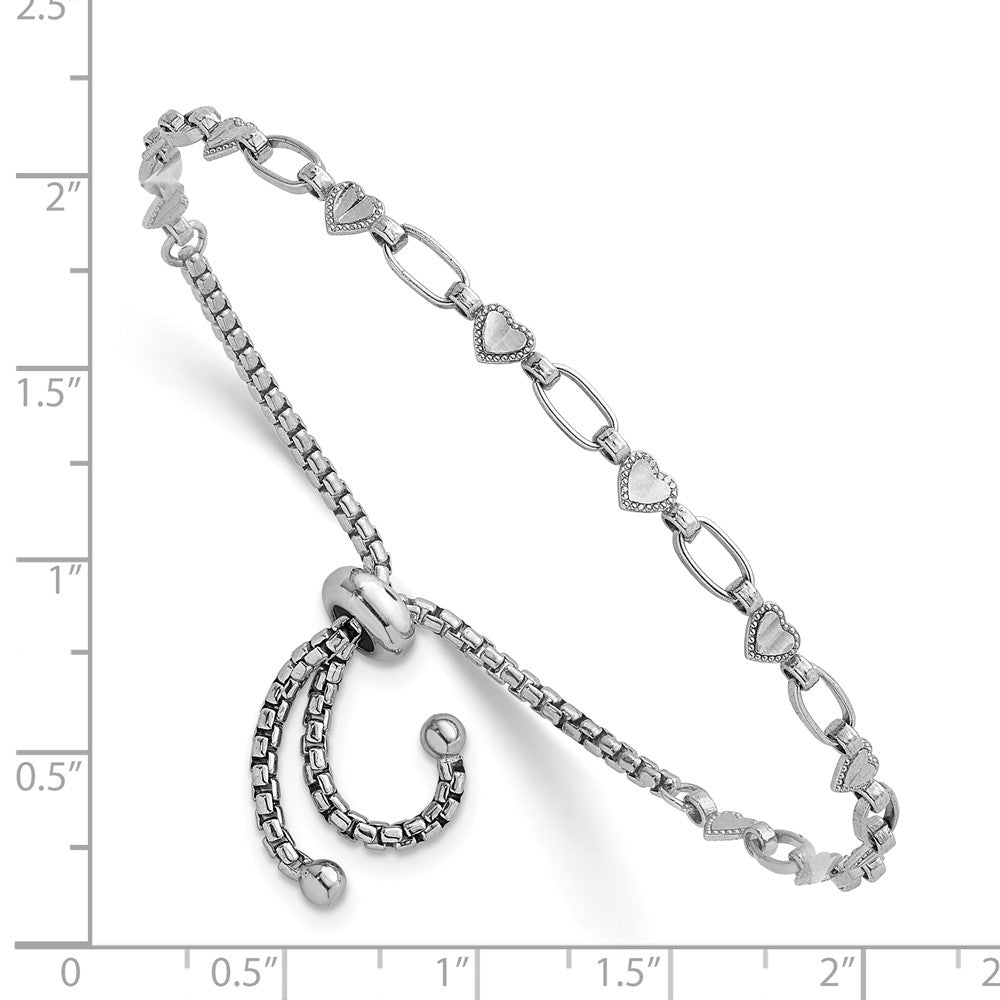 Sterling Silver Rhodium-plated Polished Heart and Rectangle Link Adjustable Bolo Bracelet QG6805