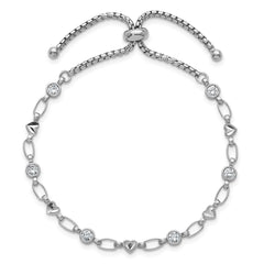 Sterling Silver Rhodium-plated Polished Round CZ and Diamond-cut Heart Adjustable Bolo Bracelet QG6806