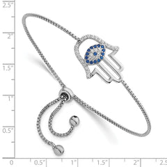 Sterling Silver Rhodium-plated Polished Lab Created Blue Spinel and White CZ Evil Eye Hamsa Adjustable Bolo Bracelet QG6808