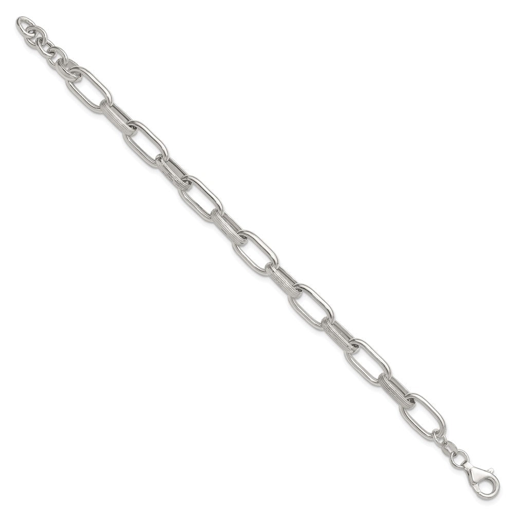 Sterling Silver Polished and Textured Oval Link 7 inch with 0.5 inch Extender Bracelet QG6809-7