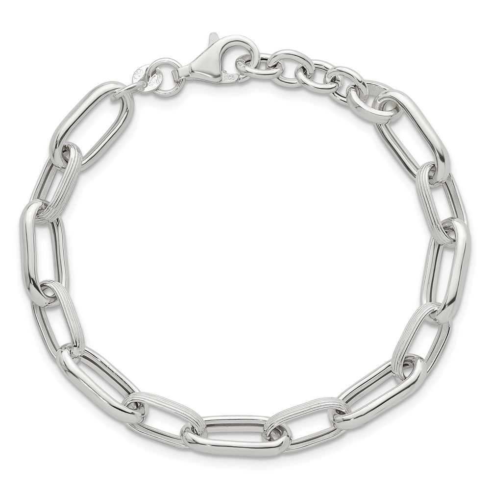Sterling Silver Polished and Textured Oval Link 7 inch with 0.5 inch Extender Bracelet QG6809-7