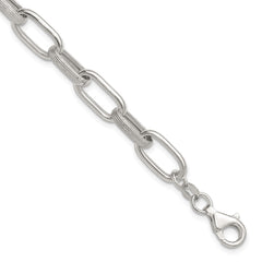 Sterling Silver Polished and Textured Oval Link 7 inch with 0.5 inch Extender Bracelet QG6809-7