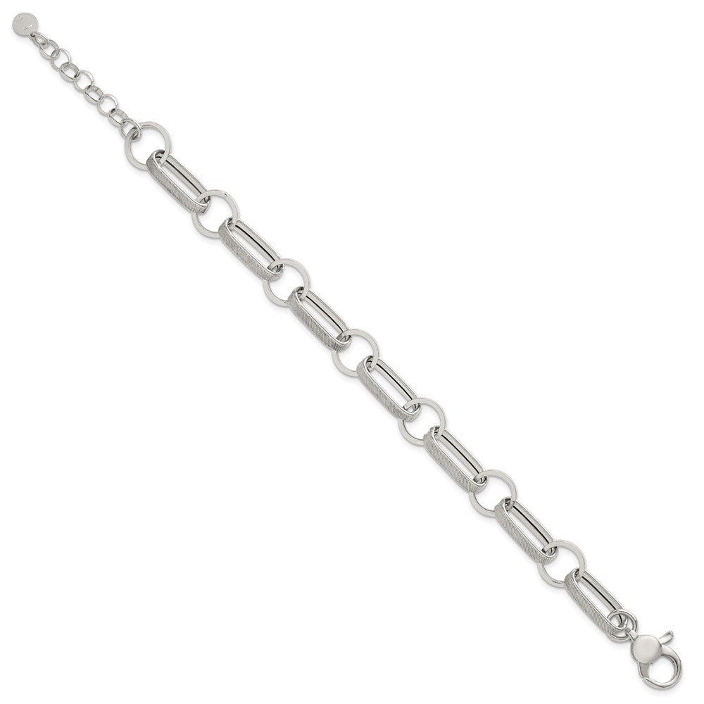 Sterling Silver Polished and Textured Oval and Round Link 7.5 inch with 1 inch Extender Bracelet QG6810-7.5