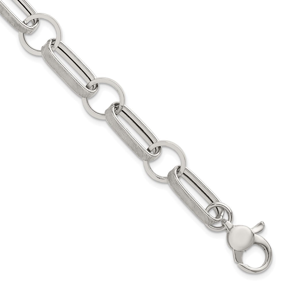 Sterling Silver Polished and Textured Oval and Round Link 7.5 inch with 1 inch Extender Bracelet QG6810-7.5