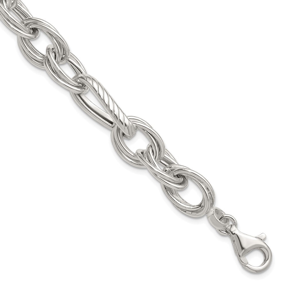 Sterling Silver Polished and Textured Triple Link and Twisted Link 8 inch Bracelet QG6818-8