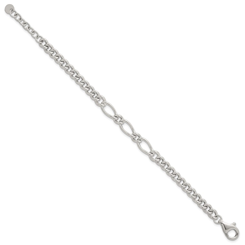 Sterling Silver Polished Mixed Curb Link 6.75 Inch with 1 Inch Extension Bracelet QG6820-6.75