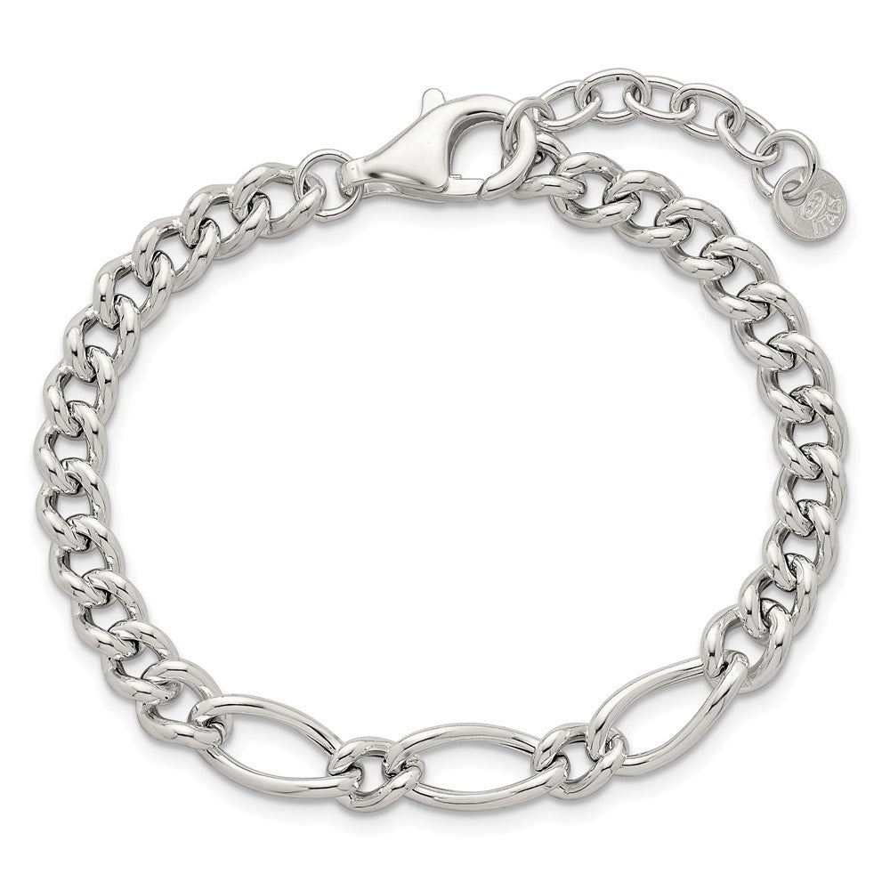 Sterling Silver Polished Mixed Curb Link 6.75 Inch with 1 Inch Extension Bracelet QG6820-6.75