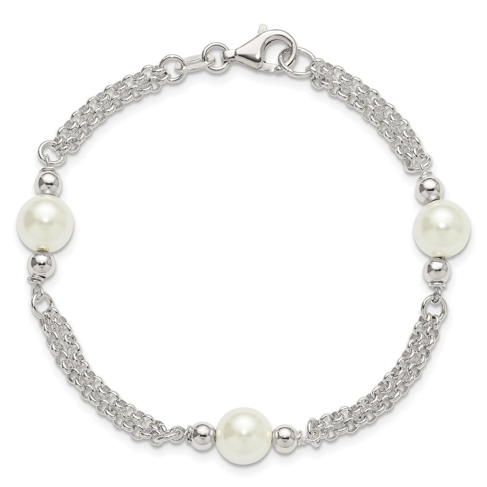 Sterling Silver Polished Double Strand with Glass Pearls 7.5 inch 3-Station Bracelet QG6827-7.5