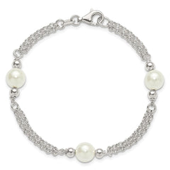 Sterling Silver Polished Double Strand with Glass Pearls 7.5 inch 3-Station Bracelet QG6827-7.5
