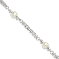 Sterling Silver Polished Double Strand with Glass Pearls 7.5 inch 3-Station Bracelet QG6827-7.5