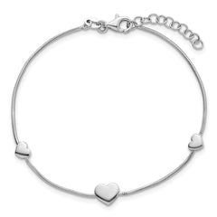 Sterling Silver Rhodium-plated Three Hearts 7 inch with 1 inch Extension Bracelet QG6830-7