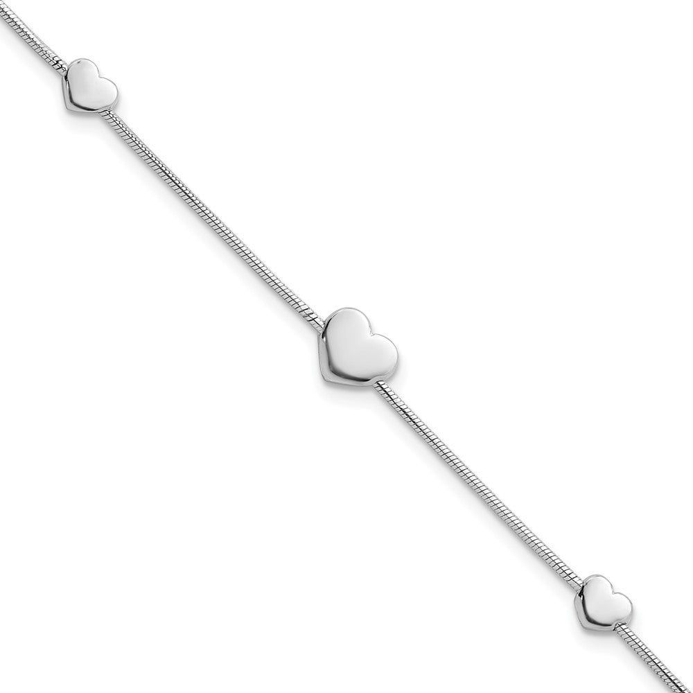 Sterling Silver Rhodium-plated Three Hearts 7 inch with 1 inch Extension Bracelet QG6830-7