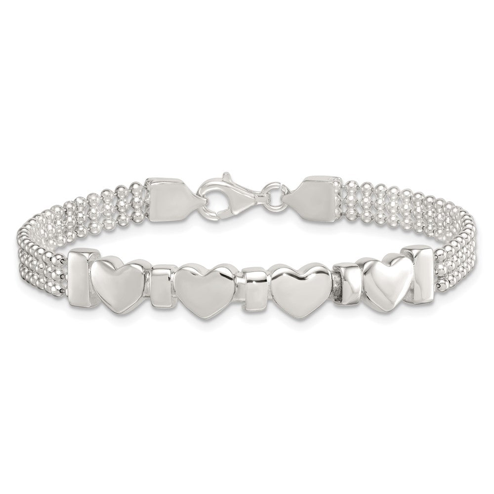 Sterling Silver Polished and Beaded 4-Hearts 7.25 Inch Bracelet QG6831-7.25