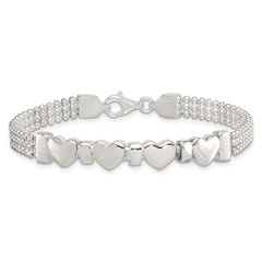 Sterling Silver Polished and Beaded 4-Hearts 7.25 Inch Bracelet QG6831-7.25