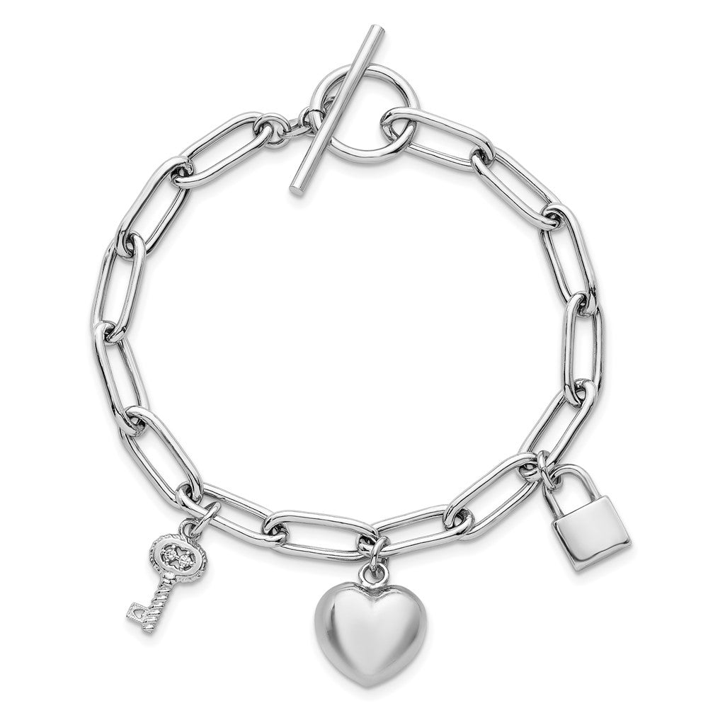 Sterling Silver Rhodium-plated Heart Lock and Key with CZ 7.5 inch Paperclip Chain Toggle Bracelet QG6834-7.5