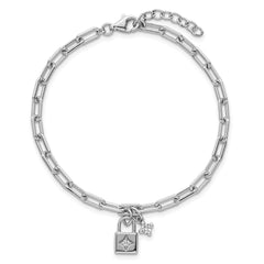 Sterling Silver Rhodium-plated Polished CZ and Lock 7 inch with 0.75 inch Extender Bracelet QG6835-7
