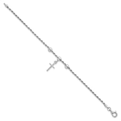 Sterling Silver Rhodium-plated Cross Dangle and Beads 7 inch Rope Chain Bracelet QG6837-7