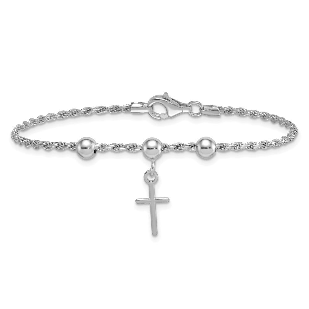 Sterling Silver Rhodium-plated Cross Dangle and Beads 7 inch Rope Chain Bracelet QG6837-7