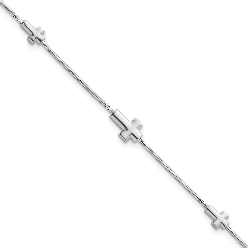 Sterling Silver Rhodium-plated Three Crosses 7 inch with 1 inch Extension Bracelet QG6838-7