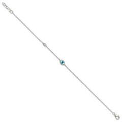 Sterling Silver Polished CZ and Mother of Pearl Evil Eye 6.75 Inch with 0.5 Inch Extension Bracelet QG6839-6.75