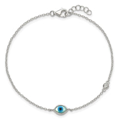 Sterling Silver Polished CZ and Mother of Pearl Evil Eye 6.75 Inch with 0.5 Inch Extension Bracelet QG6839-6.75