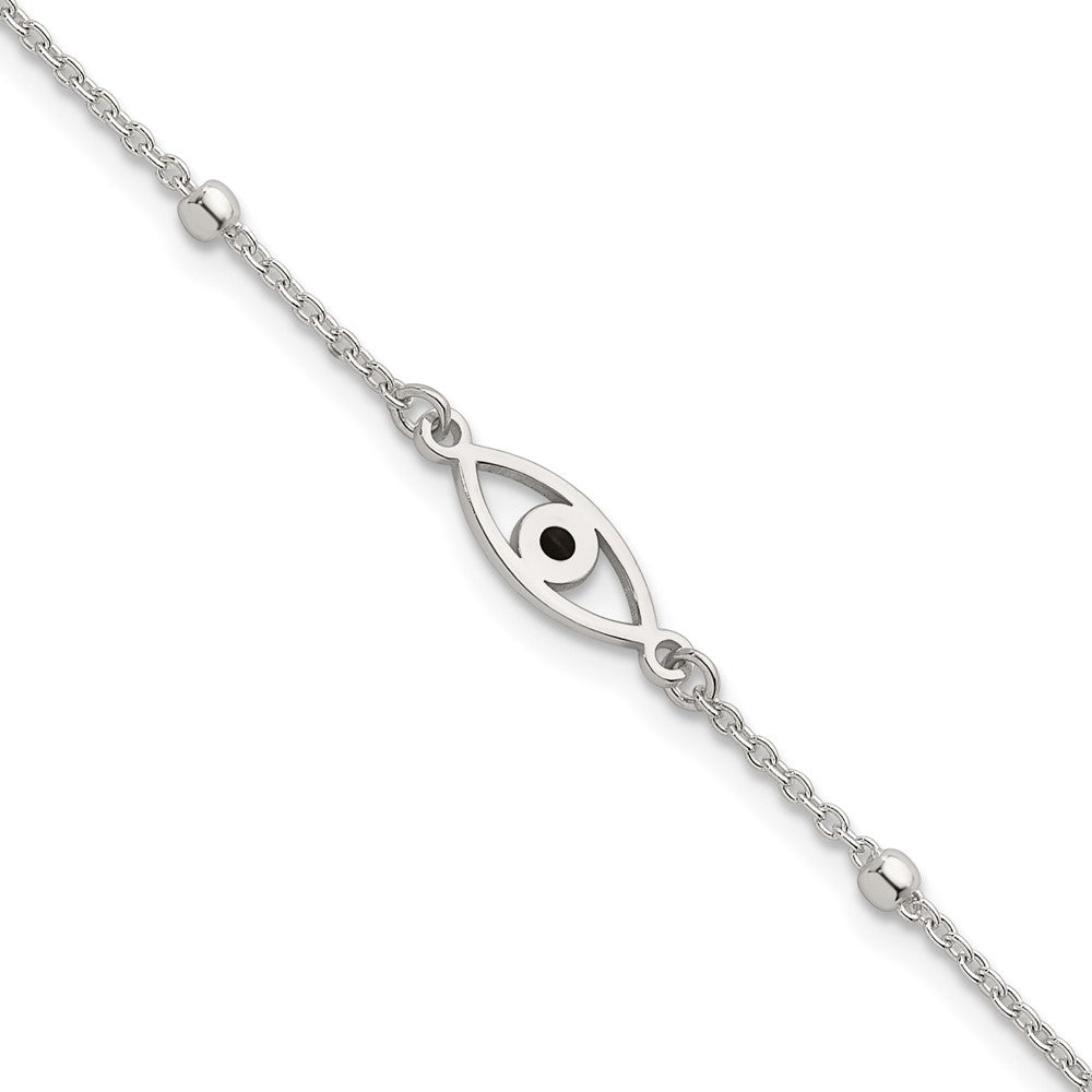 Sterling Silver Polished Beaded Black Enamel Evil Eye 7 inch with 1 inch Extension Bracelet QG6841-7