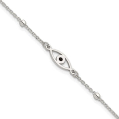 Sterling Silver Polished Beaded Black Enamel Evil Eye 7 inch with 1 inch Extension Bracelet QG6841-7