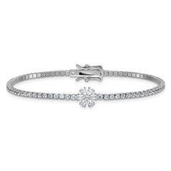 Sterling Silver Rhodium-plated Polished CZ Flower 7.25 inch Tennis Bracelet QG6844-7.25