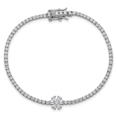 Sterling Silver Rhodium-plated Polished CZ Flower 7.25 inch Tennis Bracelet QG6844-7.25