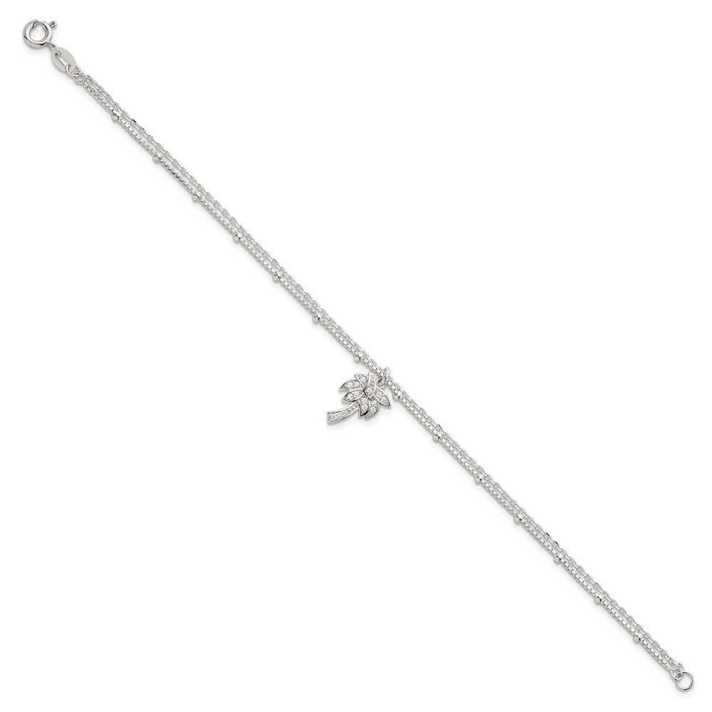 Sterling Silver Polished and Beaded White CZ Palm Tree Dangle Double Strand 7.5 inch Bracelet QG6845-7.5