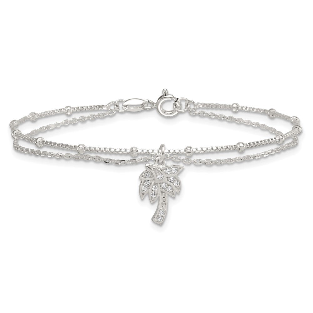 Sterling Silver Polished and Beaded White CZ Palm Tree Dangle Double Strand 7.5 inch Bracelet QG6845-7.5