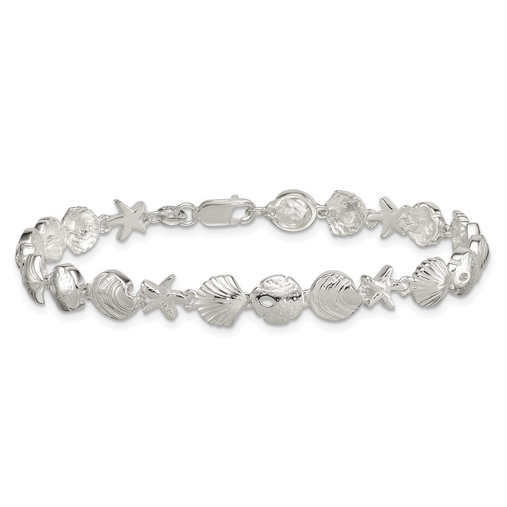 Sterling Silver Polished Textured Starfish, Sand Dollar, and Sea Shell 7.25 inch Bracelet QG6846-7.25