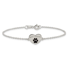 Sterling Silver Polished Black Enamel Pawprint Heart BEST FRIEND 7.5 inch Bracelet QG6847-7.5