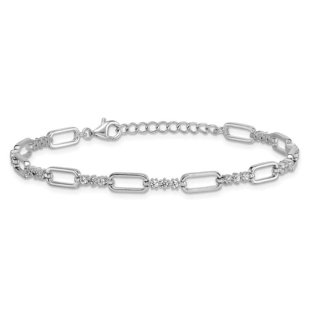 Sterling Silver Rhodium-plated Polished CZ and Paperclip Link 7 Inch with 1 Inch Extension Bracelet QG6850-7