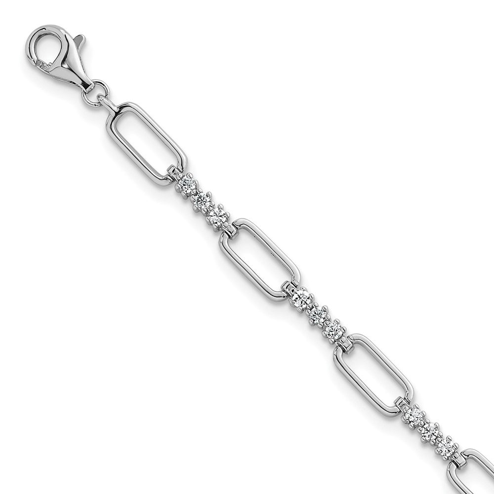 Sterling Silver Rhodium-plated Polished CZ and Paperclip Link 7 Inch with 1 Inch Extension Bracelet QG6850-7