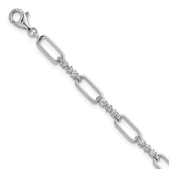 Sterling Silver Rhodium-plated Polished CZ and Paperclip Link 7 Inch with 1 Inch Extension Bracelet QG6850-7