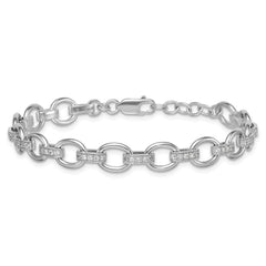Sterling Silver Rhodium-plated Oval Link with CZ Bars 7 inch with 0.75 inch Extension Bracelet QG6851-7