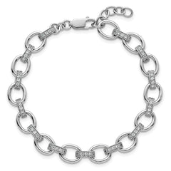 Sterling Silver Rhodium-plated Oval Link with CZ Bars 7 inch with 0.75 inch Extension Bracelet QG6851-7