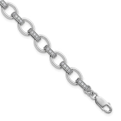 Sterling Silver Rhodium-plated Oval Link with CZ Bars 7 inch with 0.75 inch Extension Bracelet QG6851-7