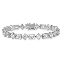 Sterling Silver Rhodium-plated Polished Fancy Princess and Emerald-cut CZ 7.25 Inch Bracelet QG6859-7.25