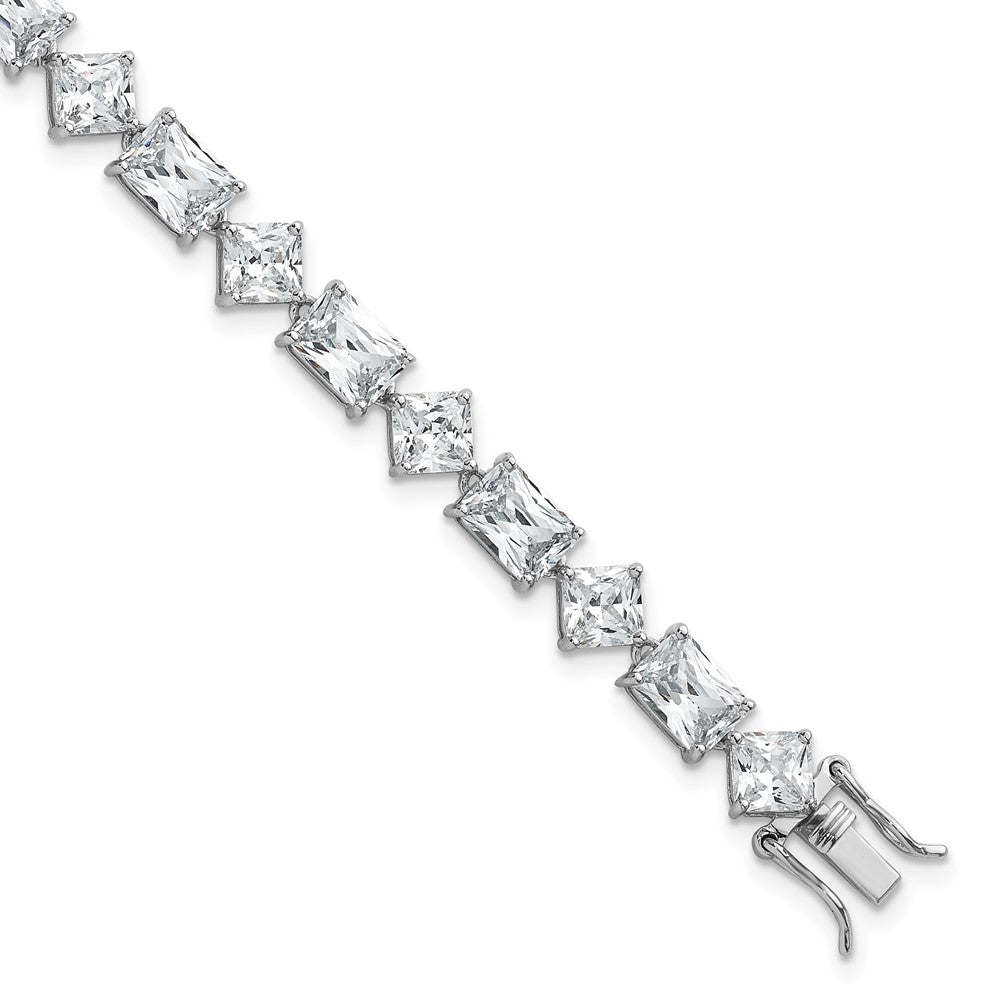 Sterling Silver Rhodium-plated Polished Fancy Princess and Emerald-cut CZ 7.25 Inch Bracelet QG6859-7.25