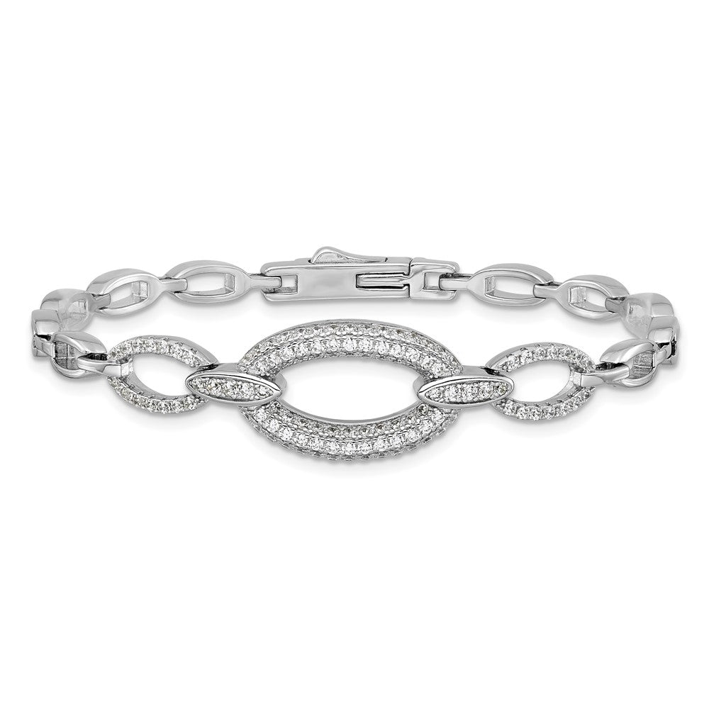 Sterling Silver Rhodium-plated Polished CZ Oval Link 7 inch Bracelet QG6864-7