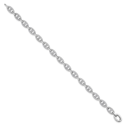 Sterling Silver Rhodium-plated Polished CZ Anchor/Mariner Link 7.25 inch Bracelet QG6865-7.25