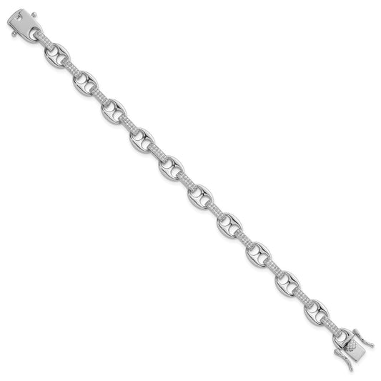 Sterling Silver Rhodium-plated Polished CZ Oval and Mariner Link 7 Inch Bracelet QG6866-7