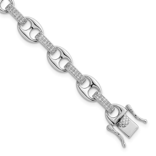 Sterling Silver Rhodium-plated Polished CZ Oval and Mariner Link 7 Inch Bracelet QG6866-7