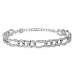 Sterling Silver Rhodium-plated Polished CZ 8.5mm Figaro Link 7 Inch with 1.5 Inch Extension Bracelet QG6868-7