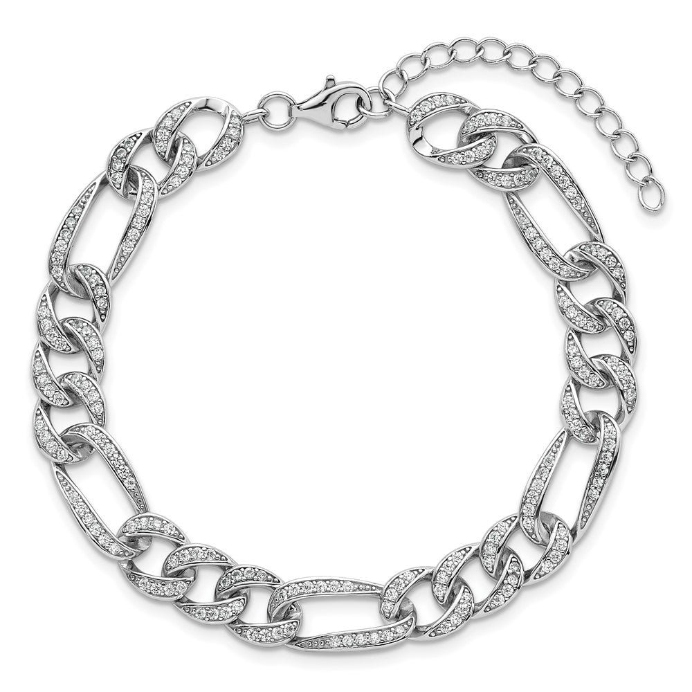 Sterling Silver Rhodium-plated Polished CZ 8.5mm Figaro Link 7 Inch with 1.5 Inch Extension Bracelet QG6868-7